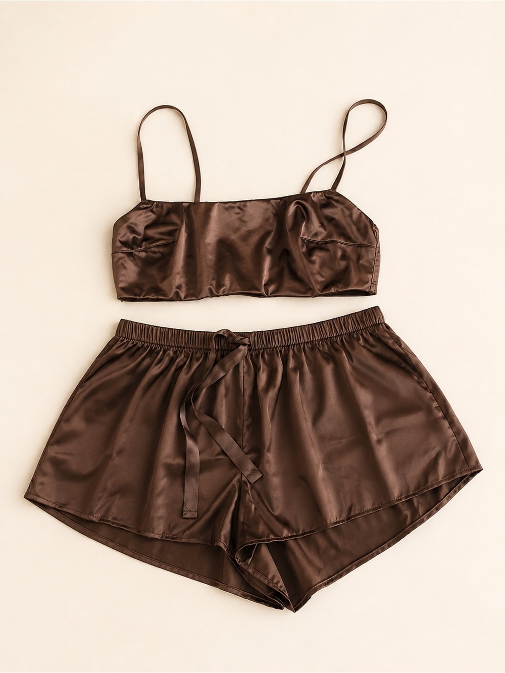 Chocolate Brown Satin 2 Piece Bralette Top & Shorts Sleepwear Set